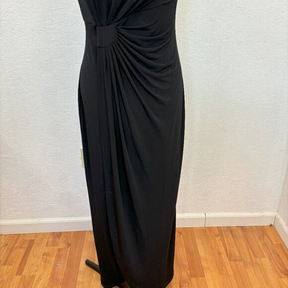 Connected Apparel Black Long Mock Wrap Dress with Slit - Picture 2 of 6
